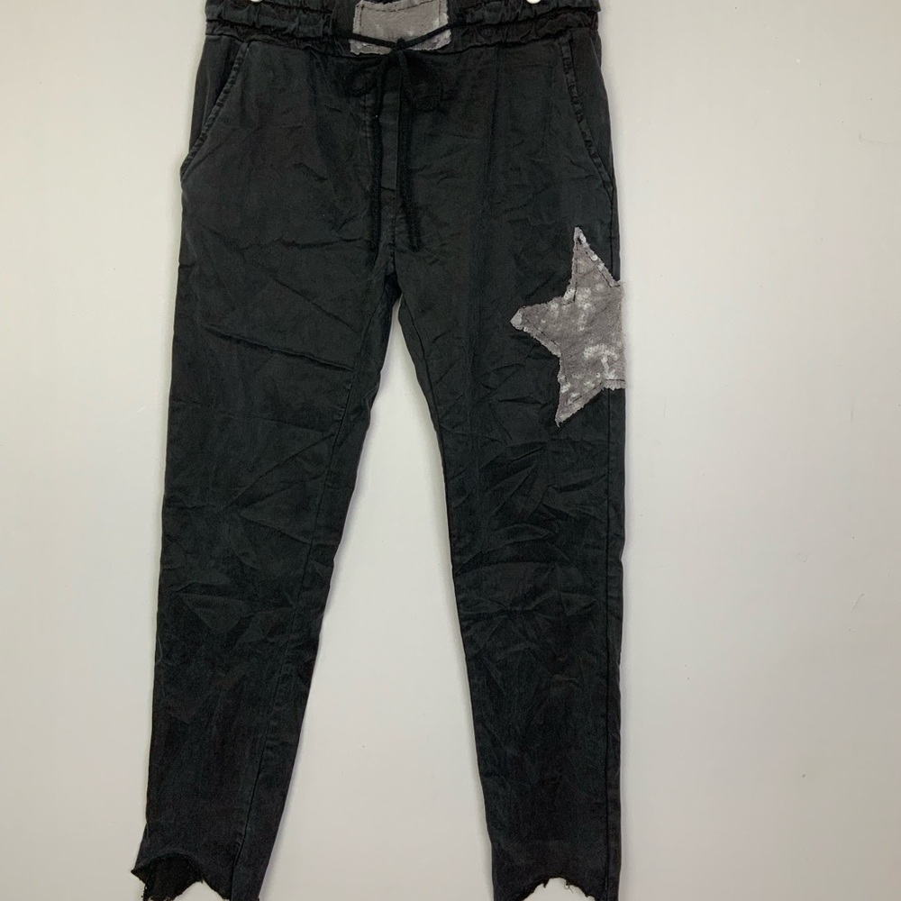 Venti6 Sz 28 Black Crinkle Silver Sequin Star Raw Hem Pull On Pants Lyocell